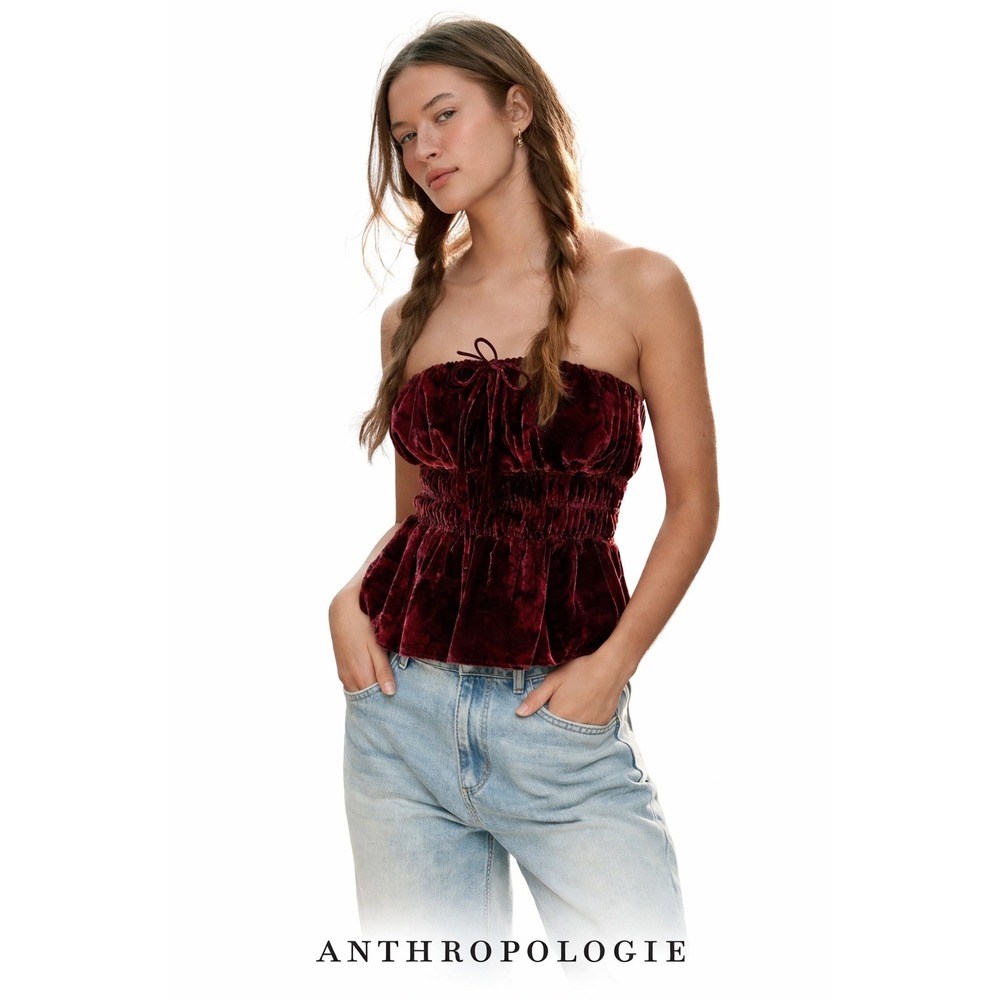 Anthropologie Purple Floral Velvet Tube Top Peplum Smocked‎ Strapless L NEW
